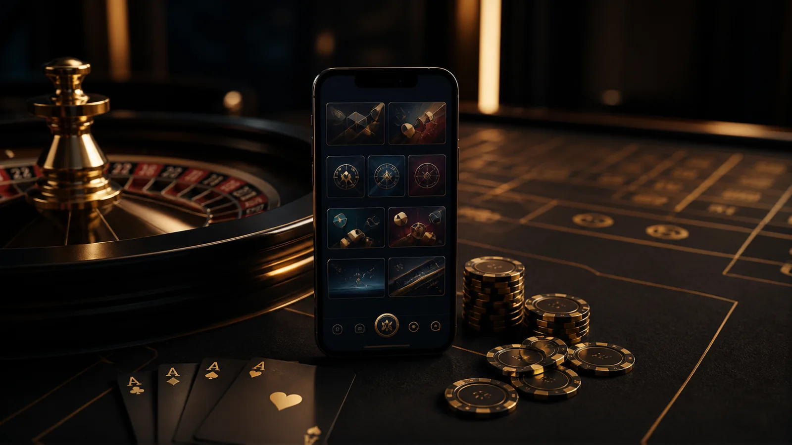 Composição editorial com roleta, cartas e celular em ambiente de cassino