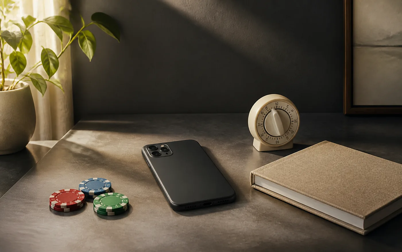 Celular afastado, fichas e caderno indicando o fim de uma sessão de entretenimento