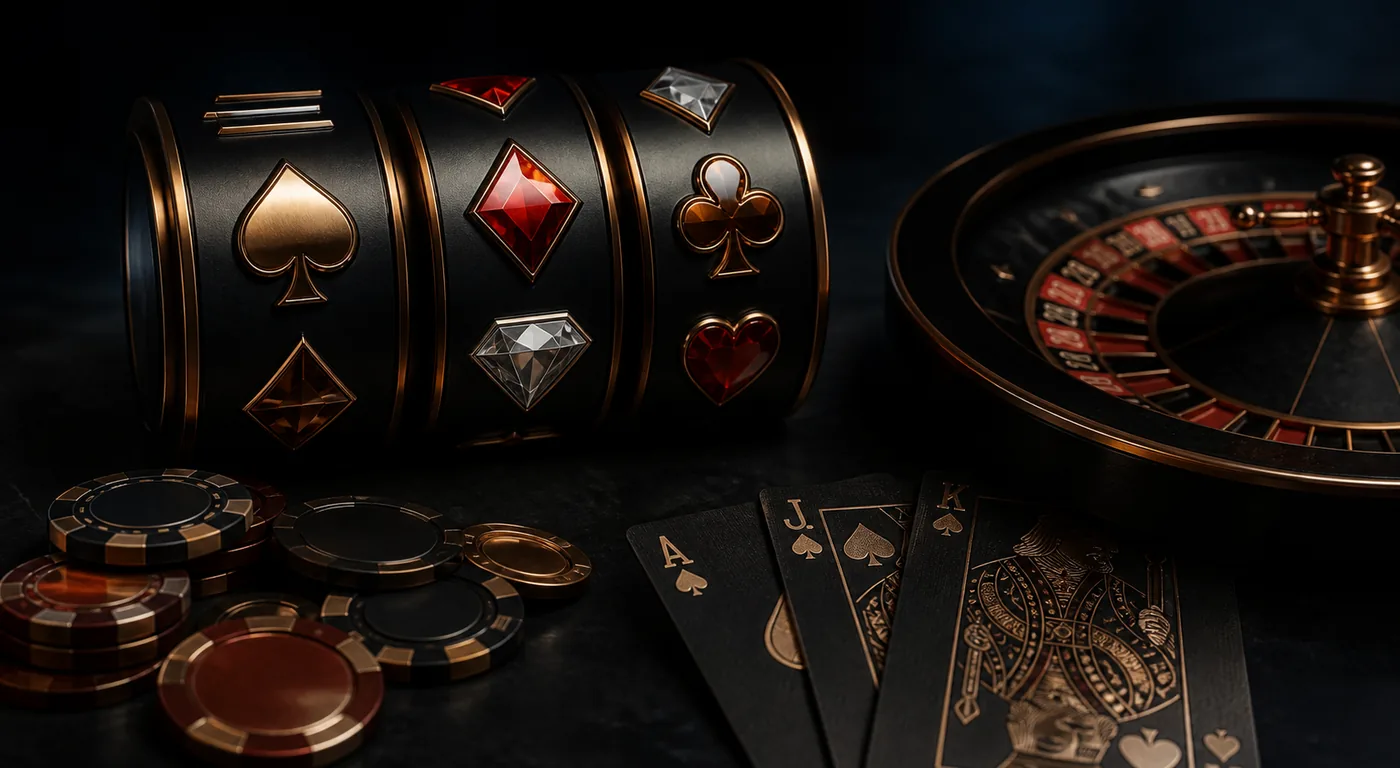 Slots genéricos, cartas e fichas representando categorias de jogos