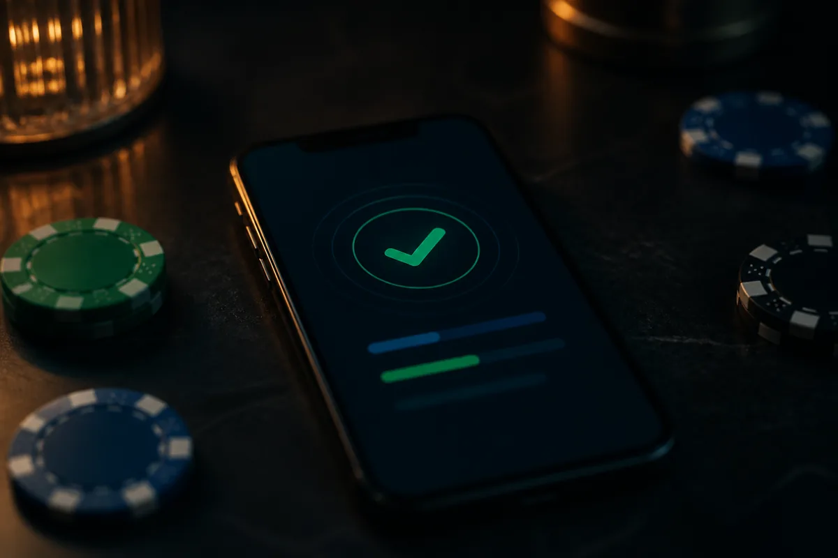 Celular com confirmação genérica e fichas ao fundo para conferência de pagamento